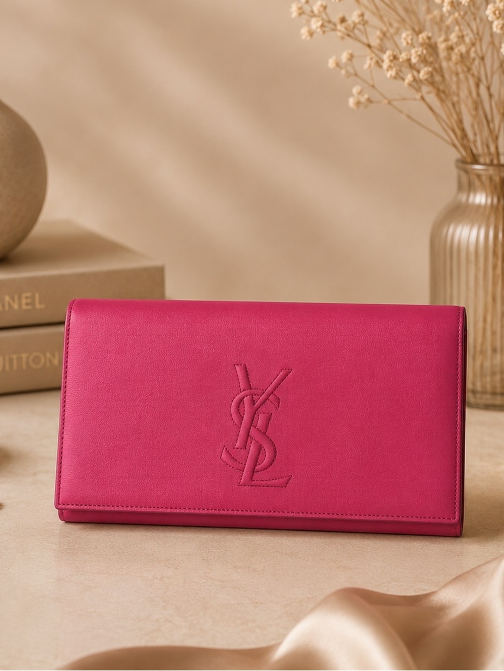 Saint Laurent YSL Embossed Monogram Leather Clutch | Vintage Designer Evening